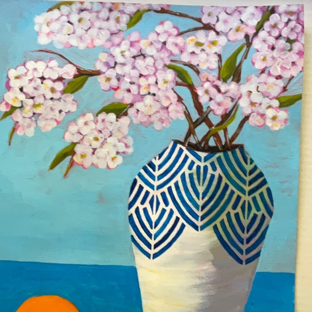 Cherry Blossoms  Oranges and Ocean Views Acrylic Painting for Coastal Charm - Picture 6 of 8